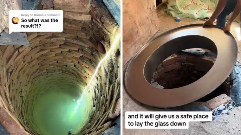 Left image shows the well a couple found in their Victorian house. Right image shows a metal ring they are installing to hold a glass cover.