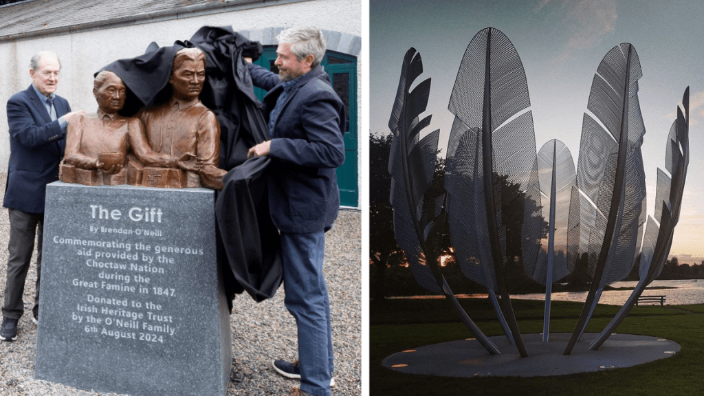 Left image shows the unveiling of a new statue in the Famine Museum. Right image shows the statue "Kindred Spirits," located in a Midleton, Ireland park. Both statues commenorate the kinship between Ireland and the Choctaw Nation.