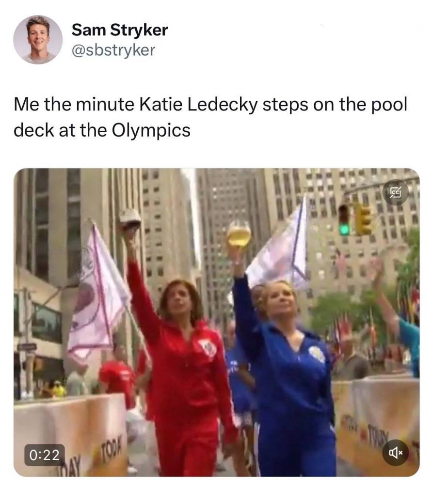 Tweet from @sbstryker: Me the minute Katie Ledecky steps on the pool deck at the Olympics

Image attached: TODAY show hosts lead a group with glasses raised