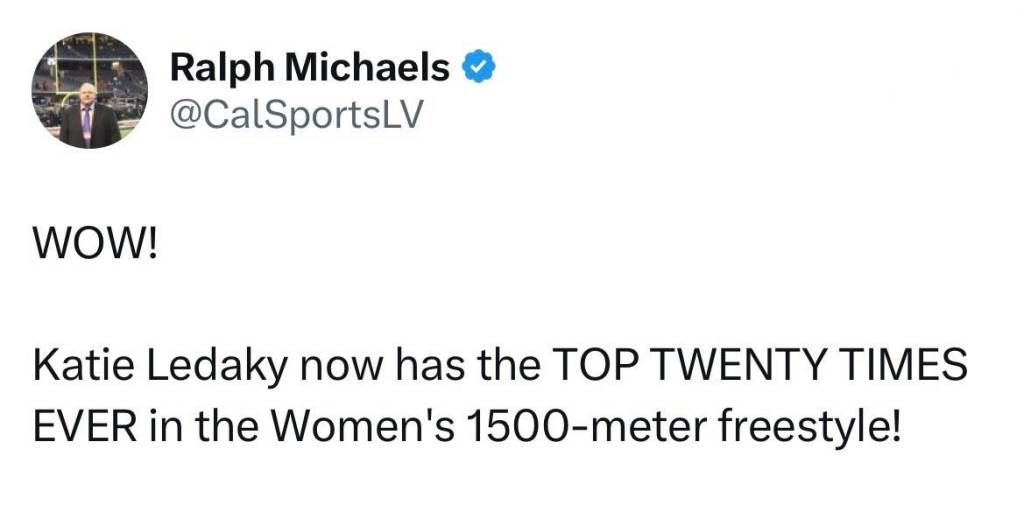 Tweet from @CalSportsLV: WOW! Katie Ledecky now has the TOP TWENTY TIMES EVER in the Women's 1500-meter freestyle!