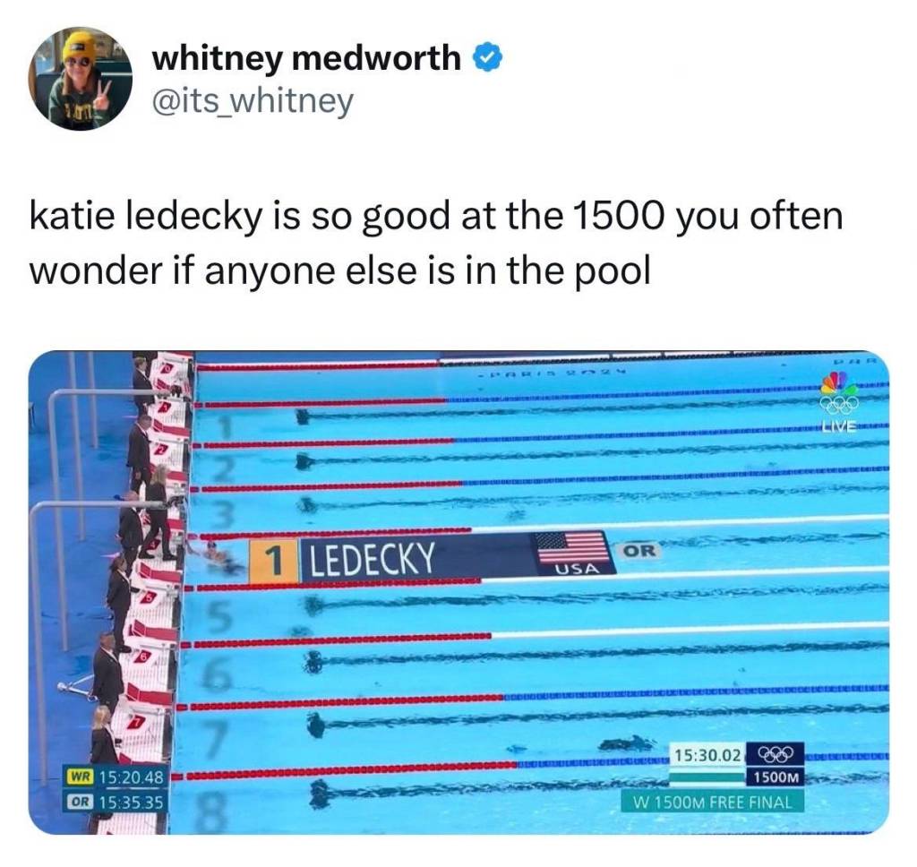 Tweet from @its_whitney: katie ledecky is so good at the 1500 you often wonder if anyone else is in the pool

Image attached: Ledecky is at the finish line but no one else can be seen