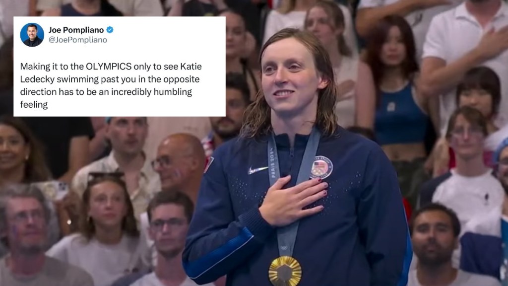 Katie Ledecky has her hand on her heart and a gold medal around her neck. There's a crown in the distance behind her. A tweet is edited on the photo and reads: Making it to the OLYMPICS only to see Katie Ledecky swimming past you in the opposite direction has to be an incredibly humbling feeling