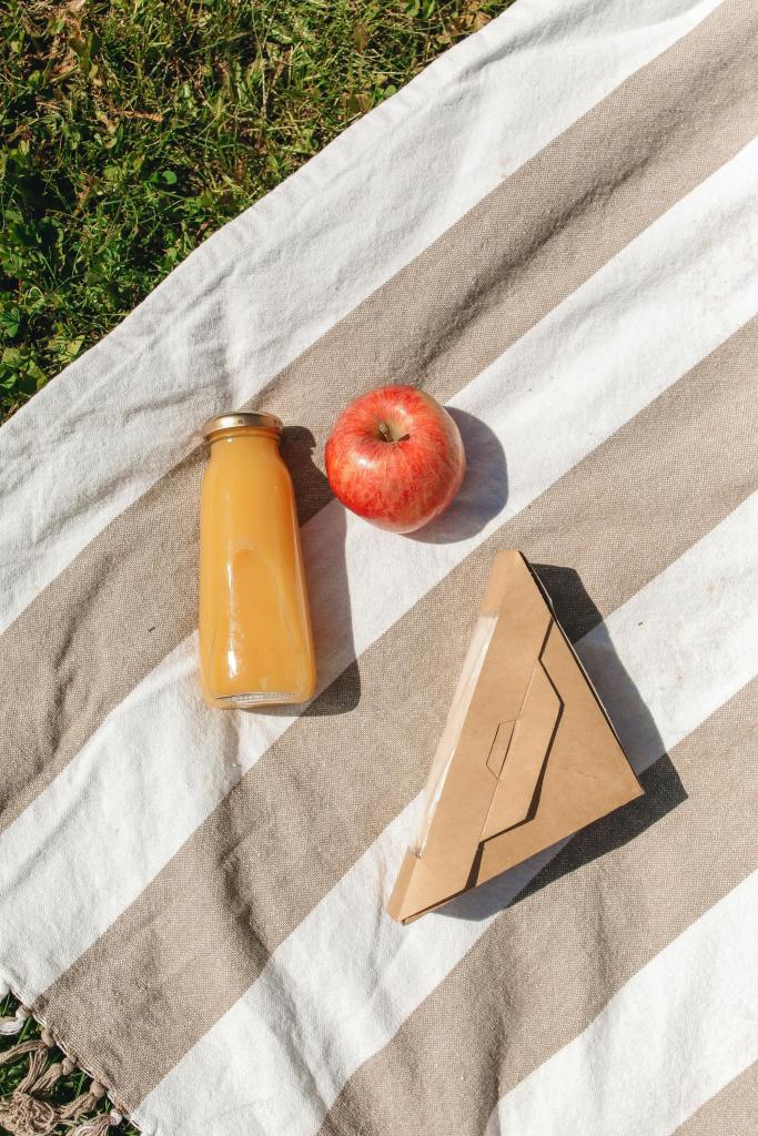 A clear container of apple juice lies on a striped blanket next to an apple and a cardboard food container.