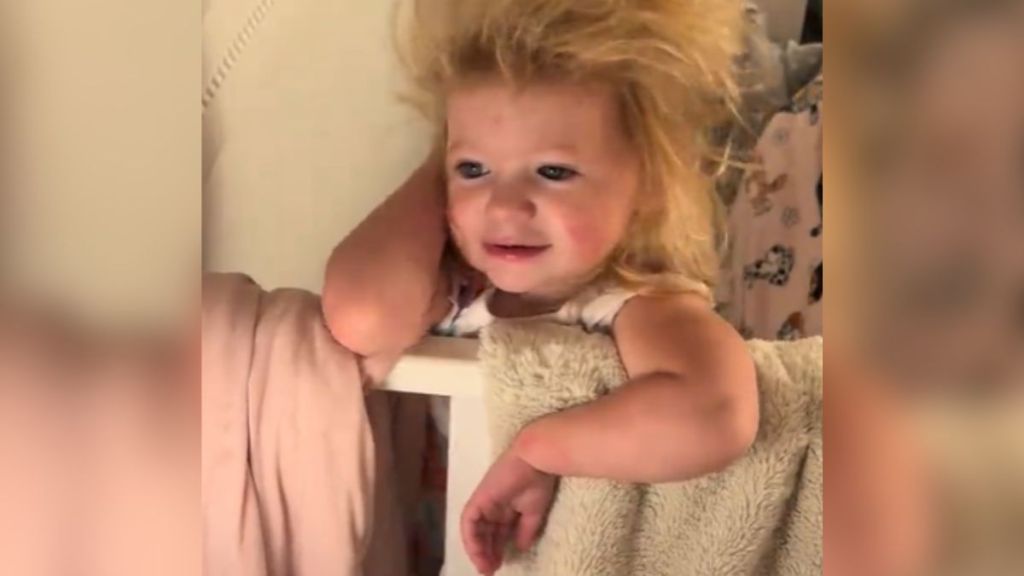 A toddler waking up in the morning with crazy hair.