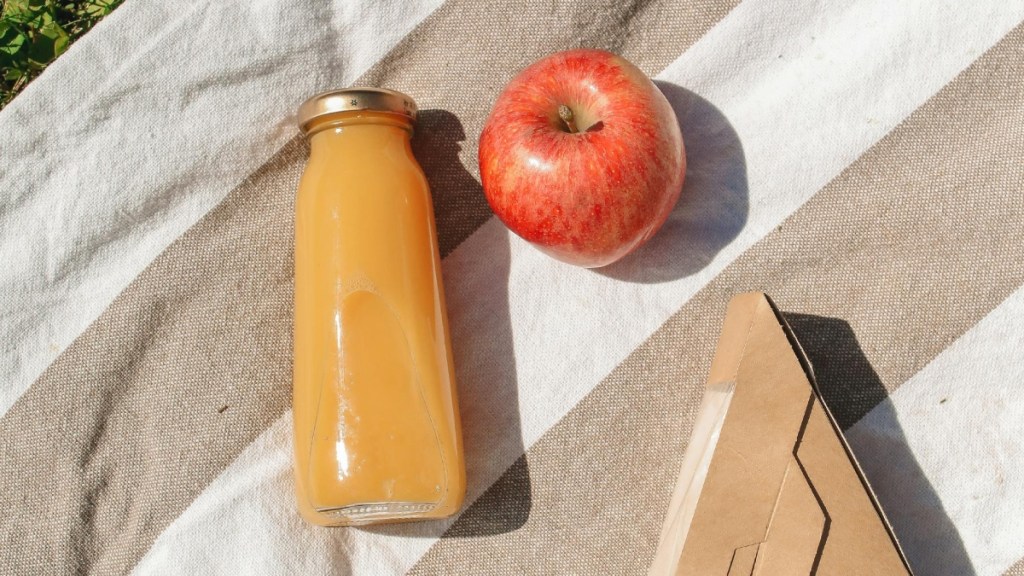 A clear container with apple juice lays on a striped blanket next to an apple and a cardboard food container.