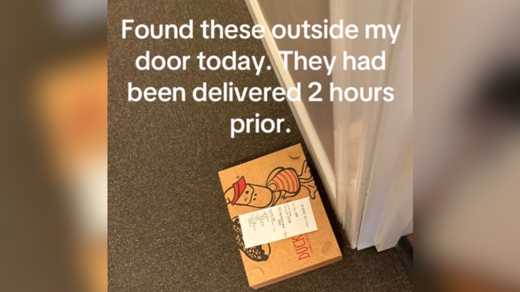 A package from Duck Donuts is sat outside a front door. Text on the image reads: Found these outside my door today. They had been delivered 2 hours prior