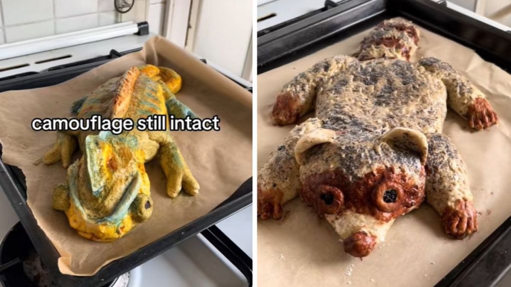 Left image shows an adorable chameleon-shaped bread animal, complete with camouflage. Right image shows a trash panda (raccoon) made from bread.