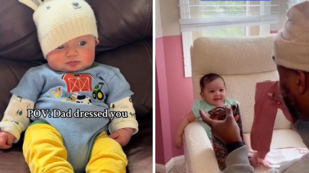 Left image shows how a dad dresses his baby, getting it wrong. Right image shows a smart dad getting his 5-mth-old to help select outfits for the day.