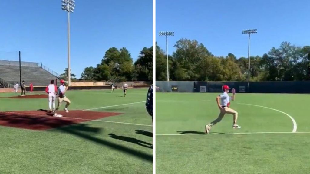 Left image shows baseball player Ren Reynolds, dressed as Forrest Gump, passing first base. Right image shows Ren Reynolds continuing to run into the outfield in an imitation of Forrest Gump.