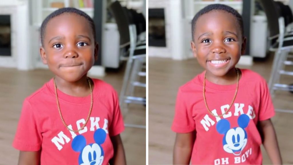 Images show a preschooler practicing his smile to avoid funny school photos.