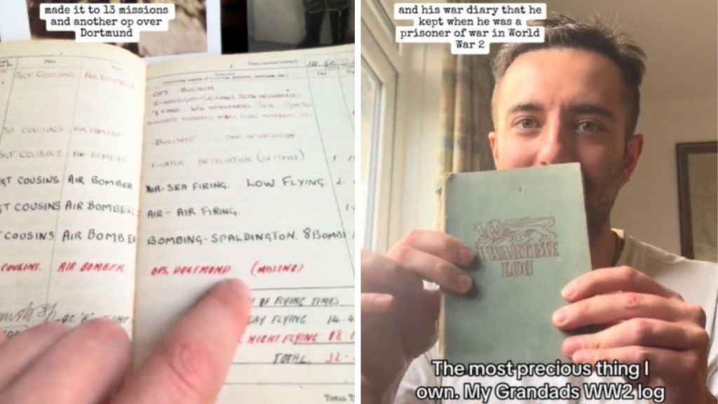 Left image shows a portion of a war journal showing a man listed as missing after a mission. Right image shows a man's grandad's war diary that was written as a Prisoner of War.