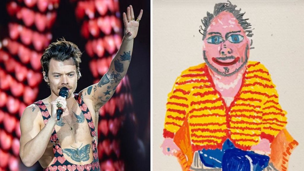 Left image shows singer Harry Styles performing in 2023. Right image shows part of the Harry Styles painting by artist-comedian Joe Lycett.