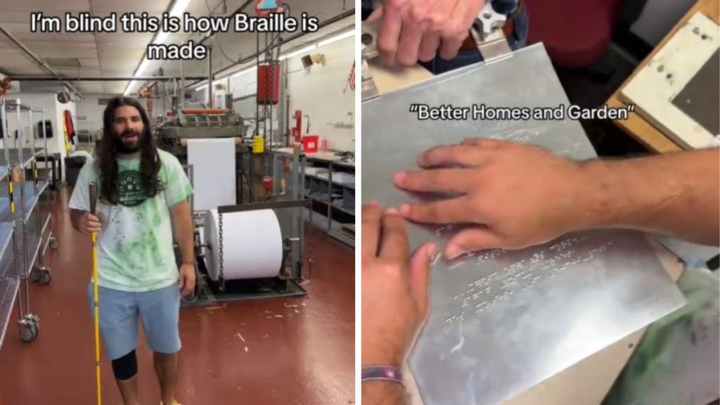 Left image shows Anthony Ferraro introducing himself at the beginning of a factory tour where he will learn how Braille is made. Left image is Anthony "reading" an embossed zinc plate that will become a Magazine title page for Better Homes and Gardens.