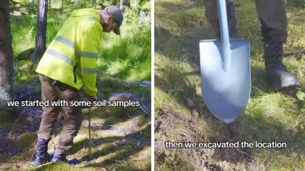 Left image shows an archaeologist taking soil samples at a dig site. Right image shows a shovel as metal detecting duo prepares to excavate a site.