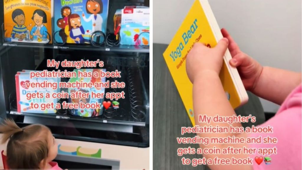 Left image shows a vending machine in a pediatrician's office. Right image shows a toddler holding a board book she got from the vending machine.