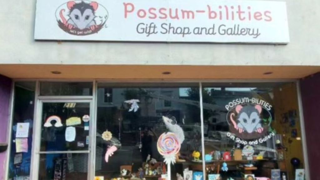 Image shows the front entrance of Possum-bilities gift shop in Fredericksburg, Virginia.