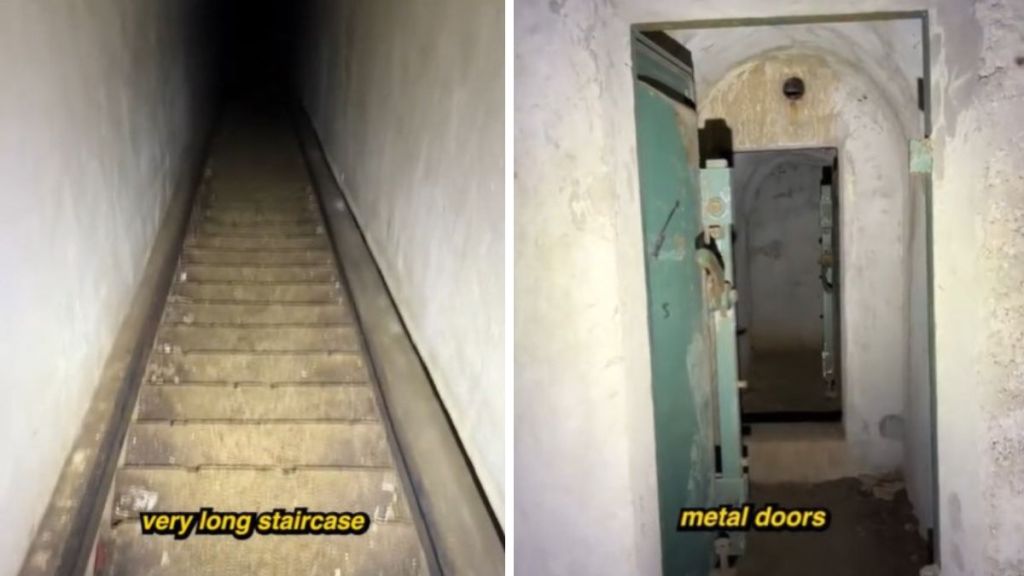 Left image shows a long, descending stairway found inside a secret tunnel. Right image shows a series of large metal doors found throughout the underground structure.