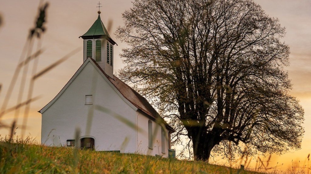 A church in an open field. Next to it is a massive tree. The setting sun shines through the branches of the tree. The church is mainly white and simple.