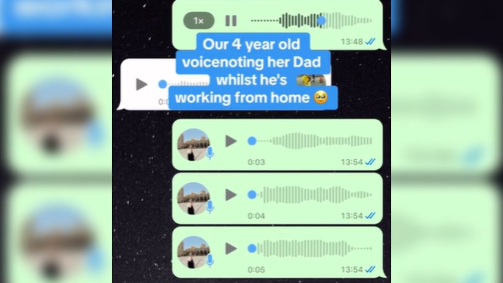 Screenshot of a conversation via voice notes. Text on the image reads: Our 4 year old voicenoting her dad whilst he's working from home