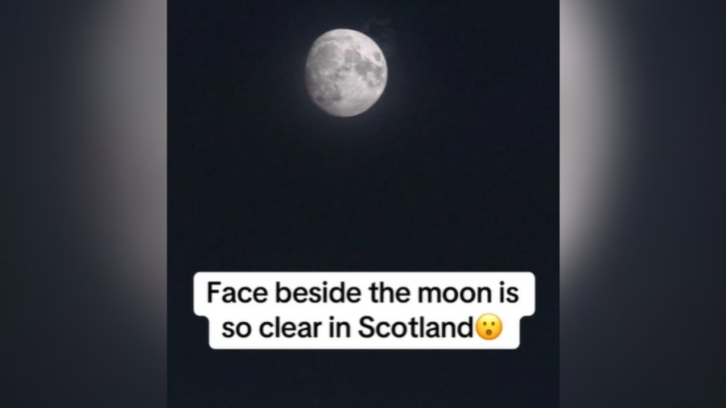 Distant view of the moon with a strange, blurry image next to it. Text on the overall image reads: Face beside the moon is so clear in Scotland