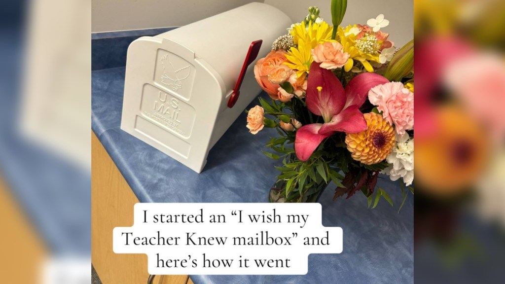 A mailbox and a vase of flowers are sat on a countertop. Text on the image reads: I started an "I wish my Teacher Knew mailbox" and here's how it went