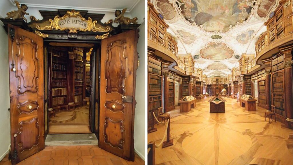 Left image shows the doors leading into the Abbey Library. Right image shows the interior of the main room.