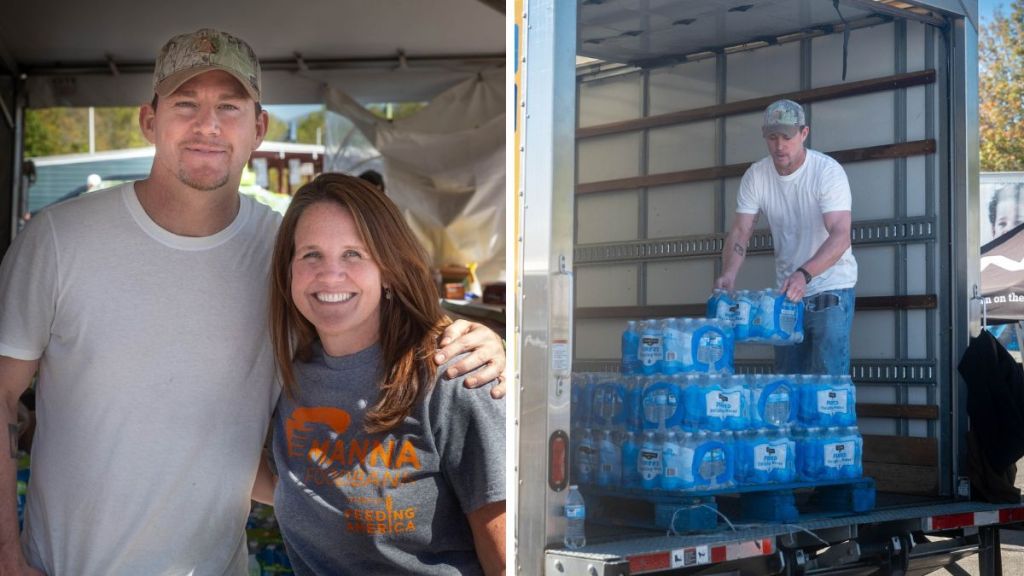 Left image shows Channing Tatum posing with a food service volunteer. Right image shows the celebrity unloading cases of water for hurricane victims.