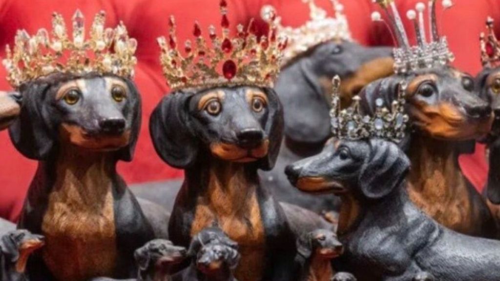 Dachshund statues of the royal family on display at the Dackel Museum in Germany.