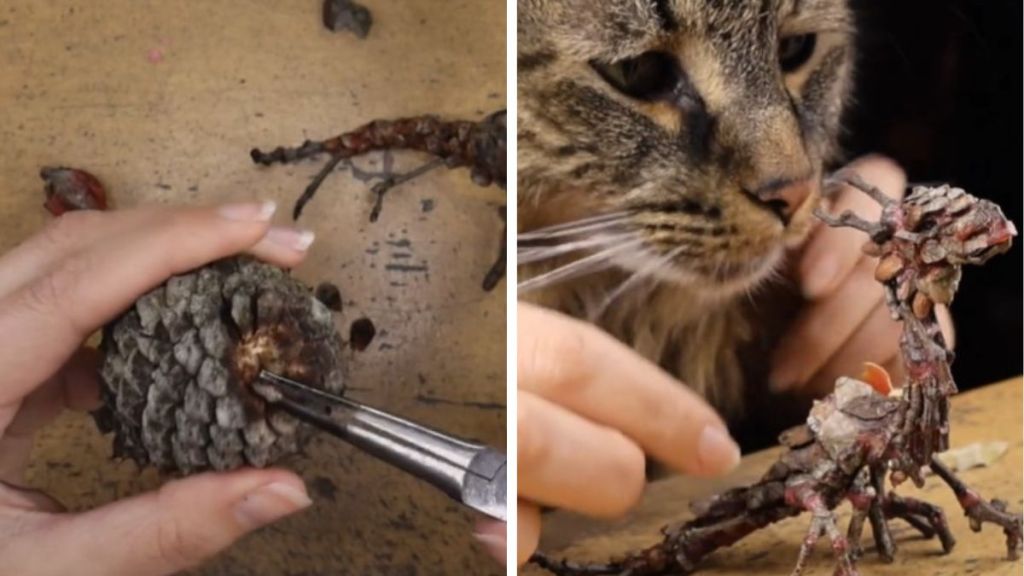 Left image shows an artist separating scales from a pine cone. Right image shows a tiny dragon sculpture created using yard debris.