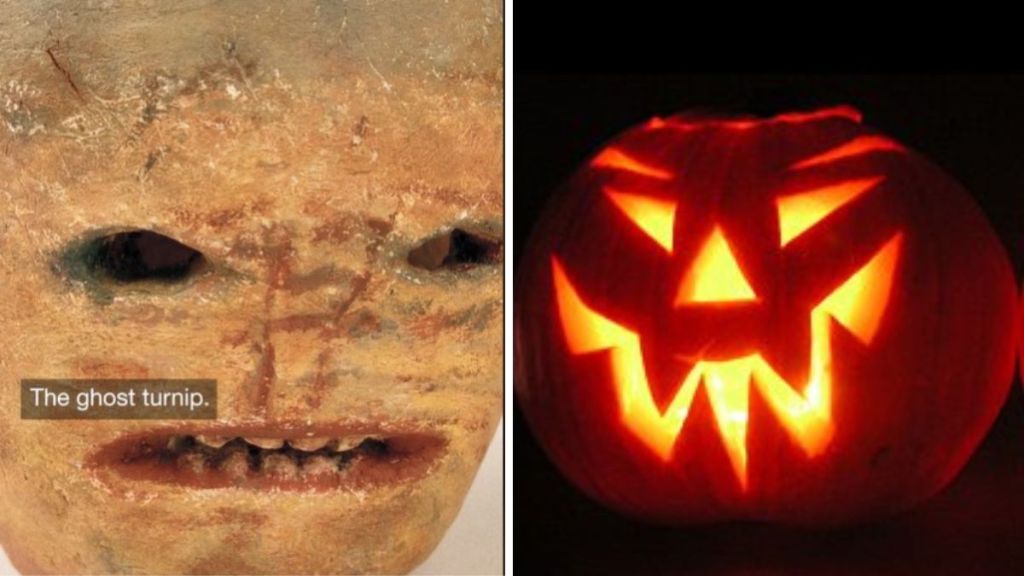 Left image shows a ghost turnip. Right image shows a Jack-O-Lantern,