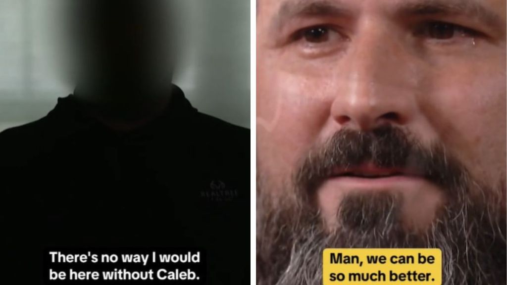 Left image shows a veteran during an anonymous interview. Right image shows Caleb Morse saying we can do better.