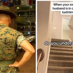 Left stock image shows the back of a drill sergeant in the standard authoritative pose. Right image shows the stairs leading up to where a husband is helping his children with bathtime.