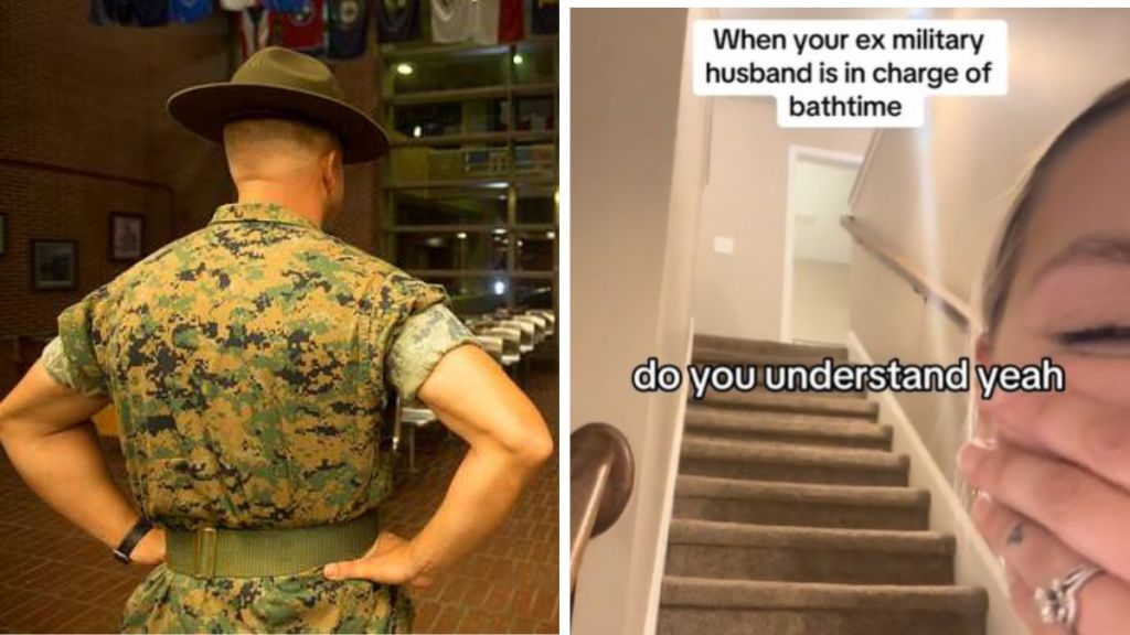 Left stock image shows the back of a drill sergeant in the standard authoritative pose. Right image shows the stairs leading up to where a husband is helping his children with bathtime.