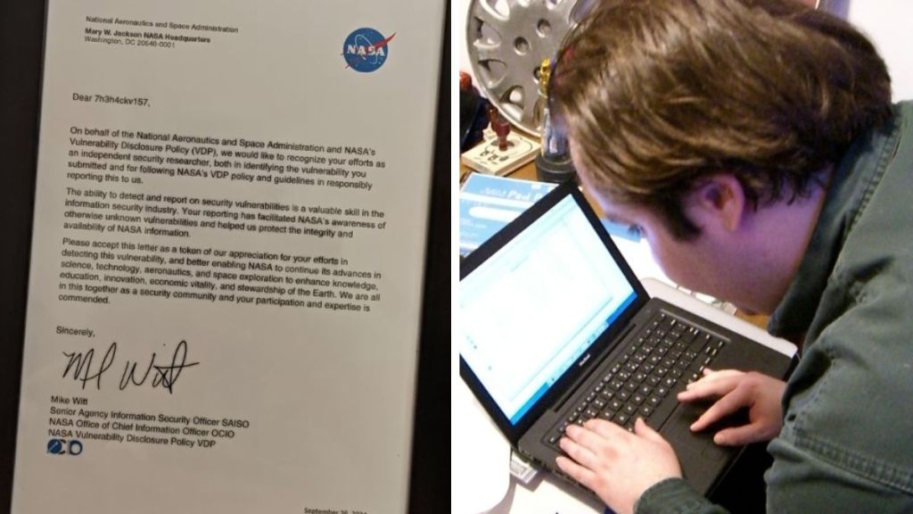 Left image shows the letter a hacker received from NASA. Right image is a stock photo of a computer hacker working on a laptop.