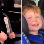 Images show a toddler in a car seat as he shows off some "old man" mannerisms when he greets his mom.