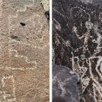 Left image shows an NPS photo of a Thunderbird petroglyph. Right image shows an NPS photo of a petroglyph depicting men dancing.