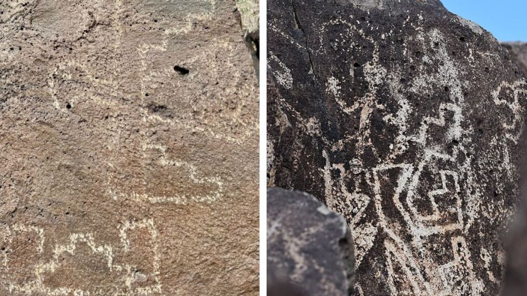 Left image shows an NPS photo of a Thunderbird petroglyph. Right image shows an NPS photo of a petroglyph depicting men dancing.