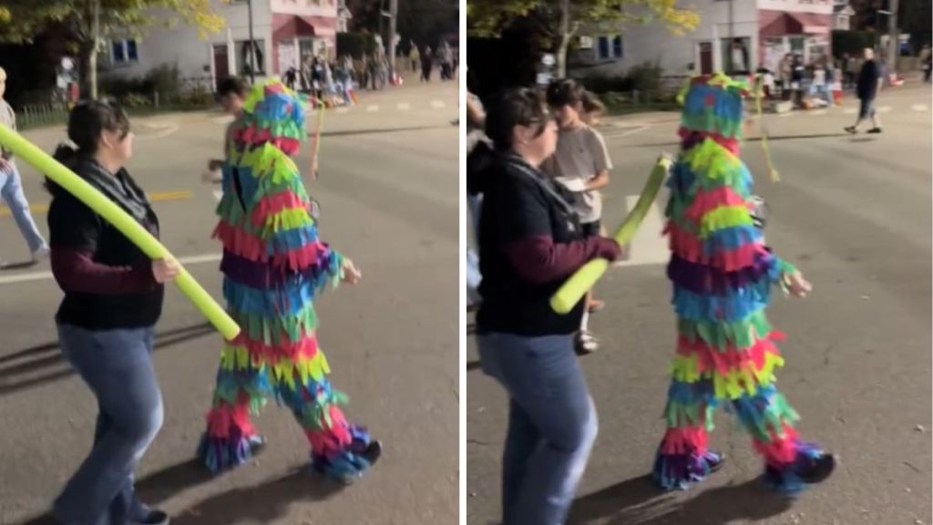 Images show a man in a pinata costume being hit by a woman with a pool noodle.