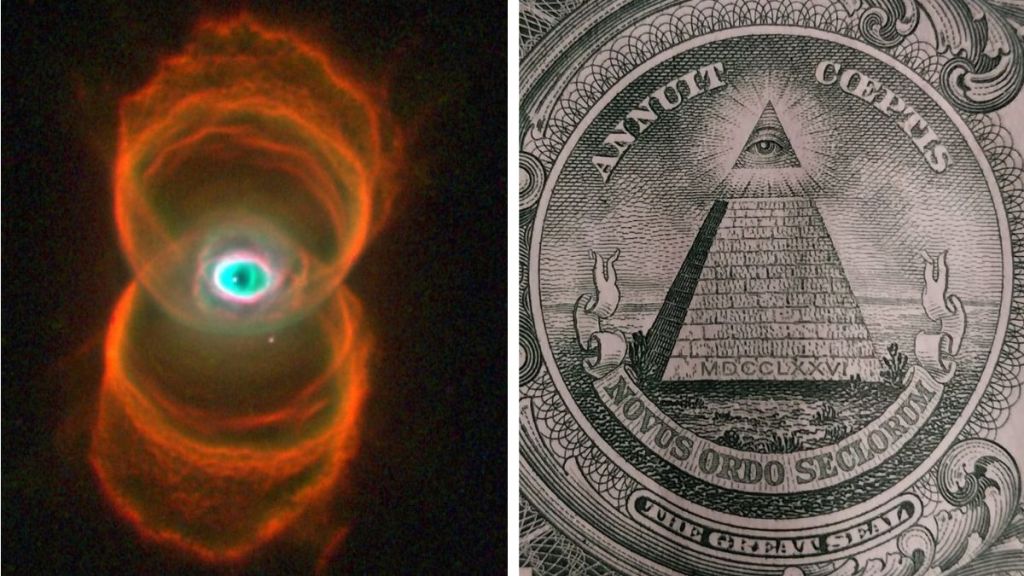 Left image shows a planetary nebula as seen by the Hubble Telescope. Right image offered for comparison to the "Eye of God" the nebula resembles.