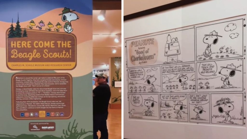 Left image shows a billboard in the Snoopy Museum for the Beagle Scouts. Right image shows a full weekend comis featuring Snoopy and Woodstock.