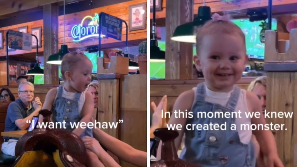 Left image shows a toddler sitting in the Texas Roadhouse saddle saying, "I want weehaw." Right image shows the toddler with a huge grin after everyone in the restaurant yelled, "YEE-HAW!"