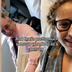 A woman, Jamie, takes a selfie with her dad. They're both smiling. She's laying in a hospital bed, and the image only captures half of her face. Text on the image reads: And that's pretty much sums up who he is as person