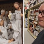 A two-photo collage. The first shows a close up of a nativity scene. The faces have been blurred. The second images shows a close up of a woman reacting to the nativity scene. She has a blank look on her face and looks over at the person with the camera, giving a "side eye" look