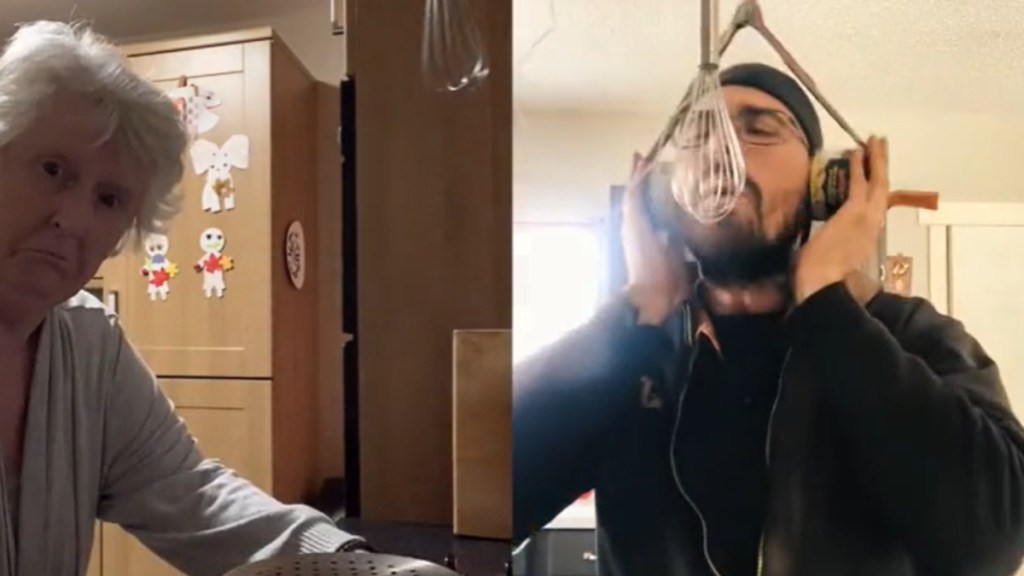 A two-photo collage from a video duet. One shows a man singing into a whisk with his eyes closed. The other shows a grandma looking wide-eyed in reaction to the man. Her own whisk hangs nearby and she's bringing out a pot