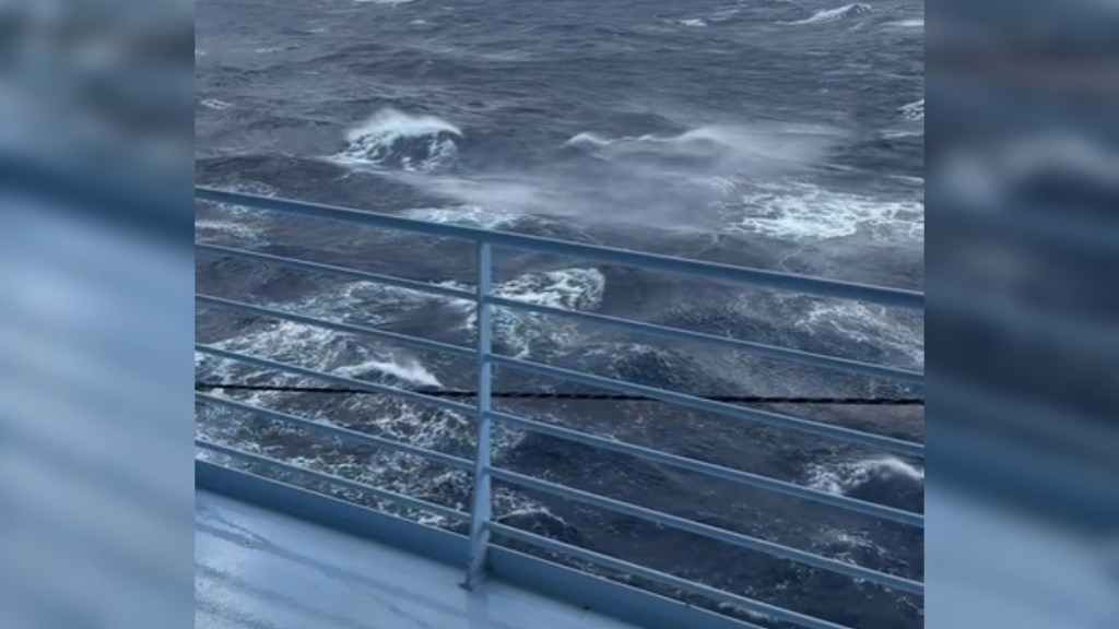 View of stormy water off the side of a cruise ship near Hurricane Milton