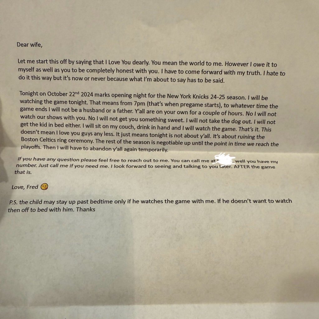 A typed letter from a husband to his wife. 