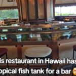 Image shows a wide-angle view of the aquarium bar in a restaurant in Hawaii.