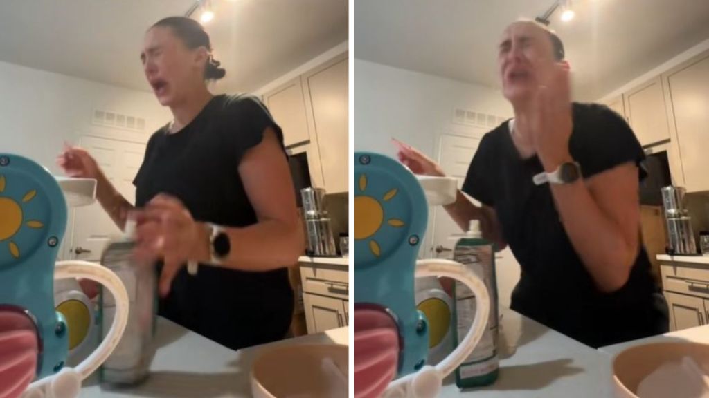 Images show a Mom choking and gagging when she tries her daughter's baby food.