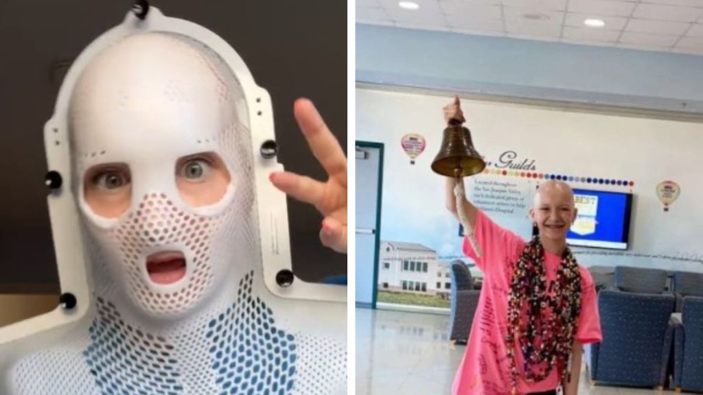 Left image shows the cancer souvenir received when a patient finished radiation therapy. Right image shows the patient "ringing the bell" at the end of treatment.