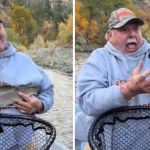 Left image shows a proud angler getting a photo wish his fish. Right image shows the man juggling the slippery fish.